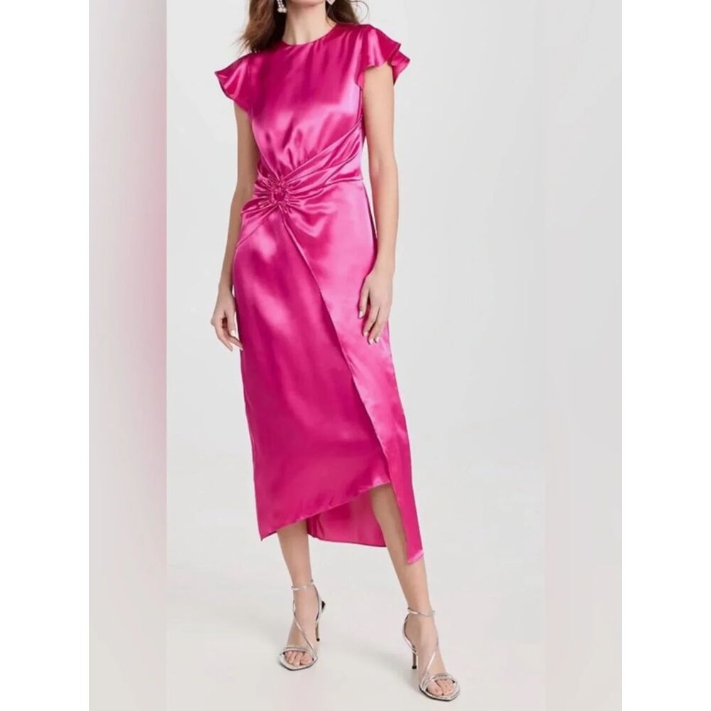 Shoshanna Women's Pink Quinn Satin Flutter-Sleeve Sheath Midi Dress Size 6 $399